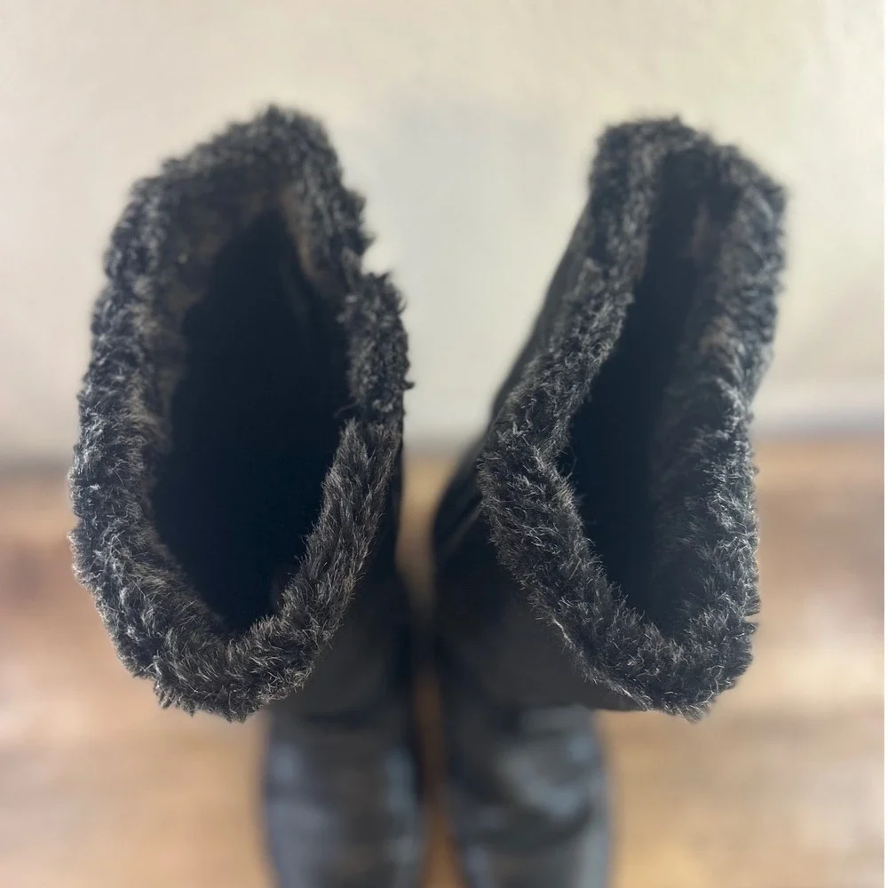 Totes Womens Black Mid Calf Winter Boots Faux Fur Trim Side Zip Size 10